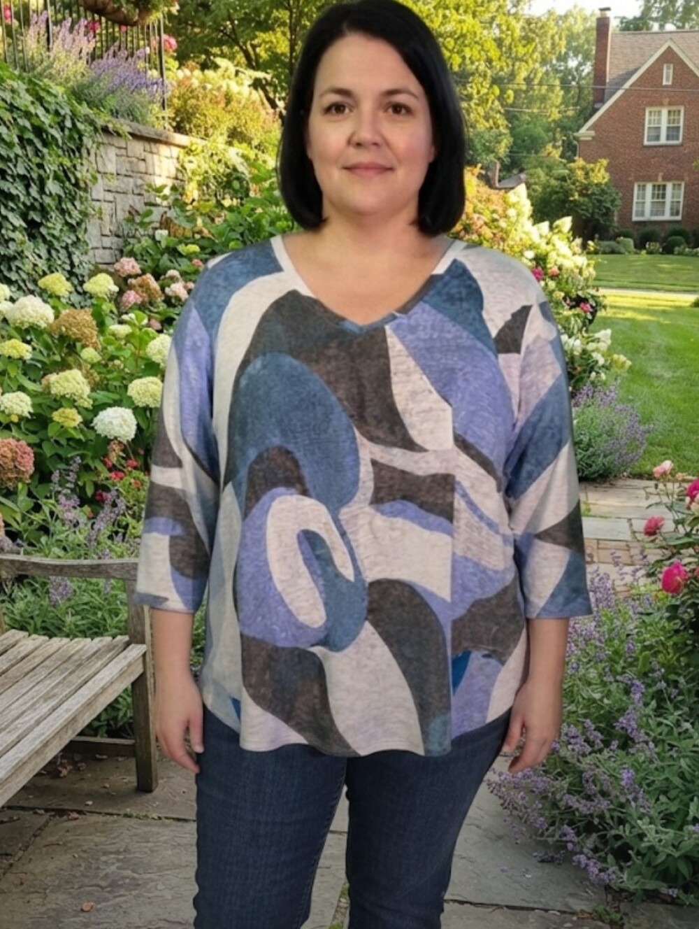 Rachel Zoe 100% Linen Women's V-Neck Abstract Print Top in Blue and Gray